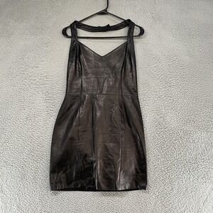 Michael Hoban North Beach Leather Dress Womens 8 Black Vintage Halter Pinup 90s